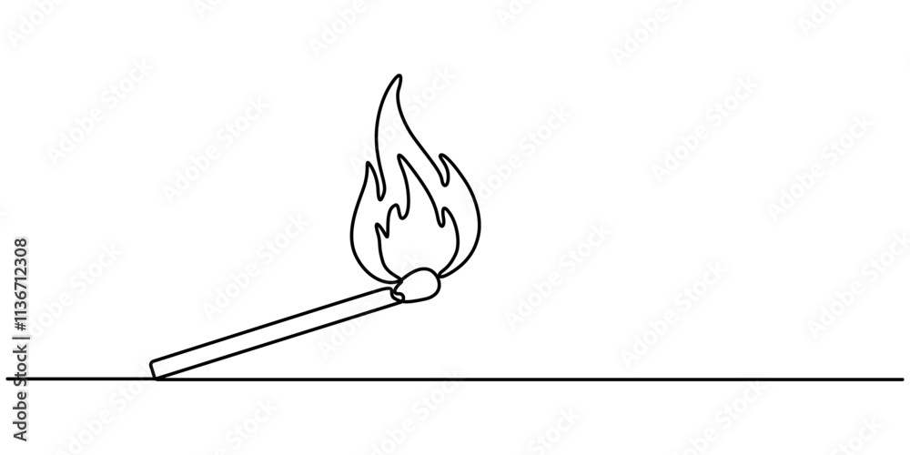 Poster Continuous one line drawing of burning match. simple burning match stick line art vector illustration. Editable stroke, one continuous line drawing of match sticks.one line drawing of burning wooden. 