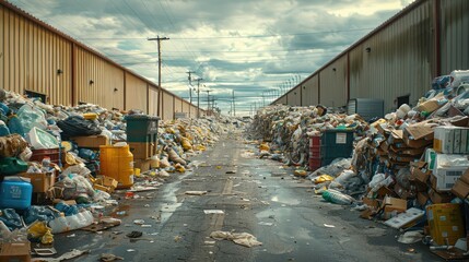 A cluttered alleyway filled with heaps of trash and waste, highlighting environmental issues.