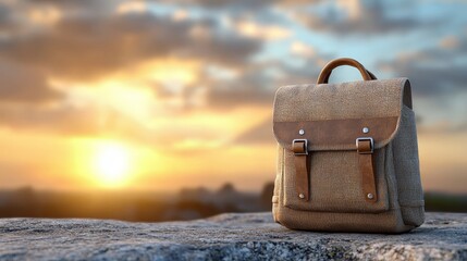 A backpack sitting on top of a rock with a sunset in the background