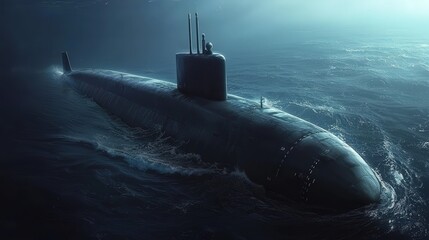 A nuclear submarine surfacing in an arctic region, ready to launch its deadly payload