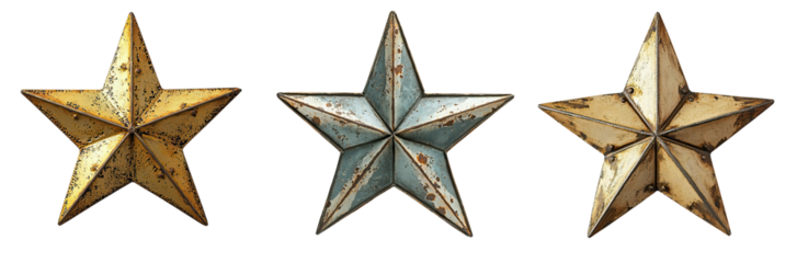 Three decorative stars in varying colors and finishes, showcasing intricate designs and textures.