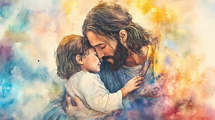 Jesus christ embraces a child, radiating love and compassion in a watercolor painting. . Embrace. Illustration