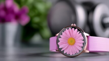 A pink watch with a pink flower on the face