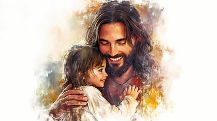 Jesus christ with a kid in his arms, smiling. digital watercolor painting transparent background. Embrace. Illustration