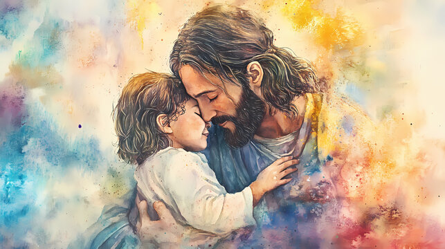 Jesus christ embraces a child, radiating love and compassion in a watercolor painting. . Embrace. Illustration