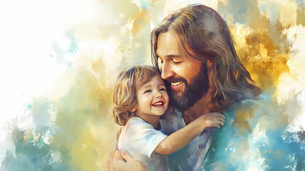 Jesus christ with a kid in his arms, smiling. digital watercolor painting transparent background. Embrace. Illustration