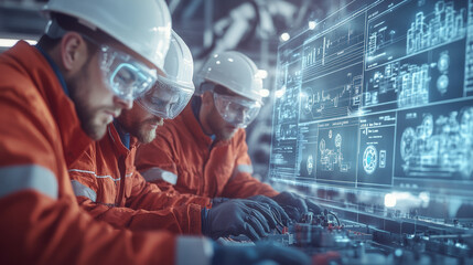 Engineers in protective gear work with advanced digital interfaces, managing complex industrial operations and machinery, showcasing technology integration in modern engineering and manufacturing