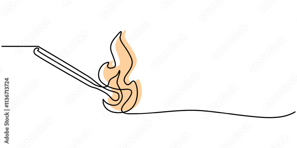 Poster Continuous one line drawing of burning match. simple burning match stick line art vector illustration. Editable stroke, one continuous line drawing of match sticks.one line drawing of burning wooden. 