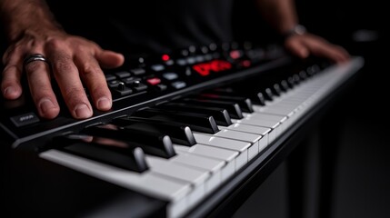 Fototapeta premium A man's hands on a keyboard with a ring on his finger