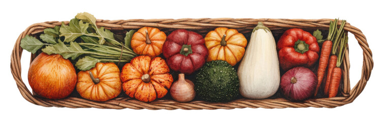 PNG A colorful assortment of pumpkins, squashes, and vegetables arranged in a woven basket.