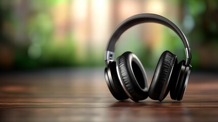 A pair of headphones sitting on top of a wooden table
