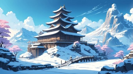 Aesthetic island exterior anime style in winter theme background