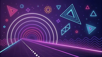 "Neon lines and geometric shapes on a dark purple background. The effect conveys dynamics and motion."

