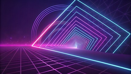 "Neon lines and geometric shapes on a dark purple background. The effect conveys dynamics and motion."
