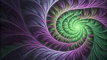 "An abstract pattern created using fractals. Colors include purple and green, with a soft glowing effect."
