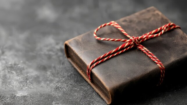 A brown book tied with a red and white string
