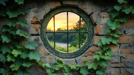 Obraz premium A circular window in a stone wall framed by ivy, revealing a sunset over a river.