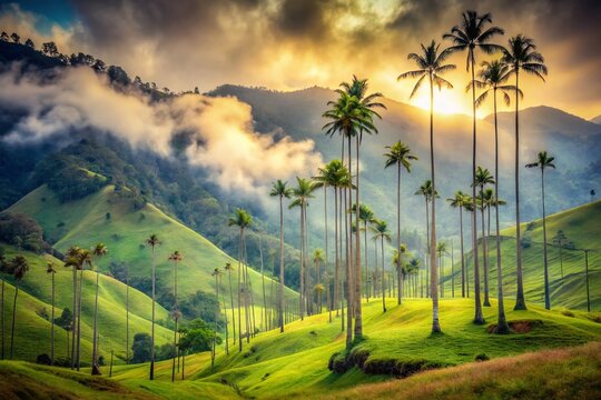 Vintage Style Photography of Majestic Wax Palms in Cocora Valley, Colombia Surrounded by Lush Greenery and Misty Mountains, Capturing the Essence of Nature's Beauty