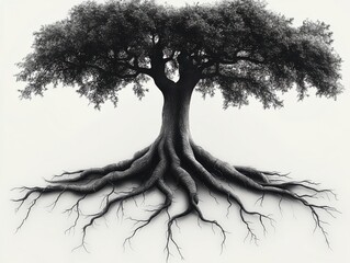 Black and white illustration of a tree with detailed branches and roots on a white background.