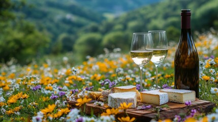 Enjoying wine and cheese amidst vibrant wildflowers in a serene meadow