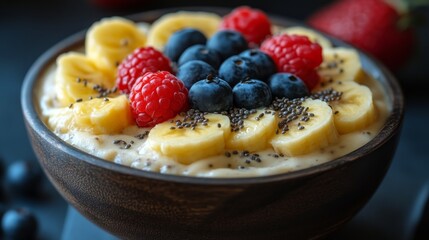 Delicious breakfast bowl featuring fresh fruits and chia seeds at a cozy kitchen setting