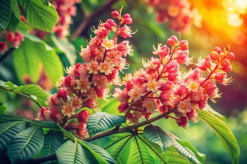 Vintage Style Photography of Red Horse Chestnut Branches with Buds Capturing Nature's Beauty in Springtime Light and Soft Focus for a Nostalgic Feel