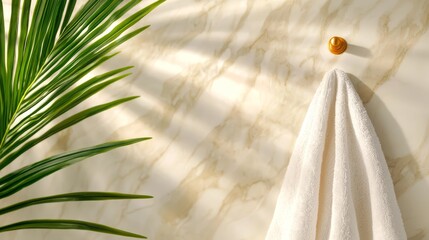 A white towel hanging on a wall next to a palm tree