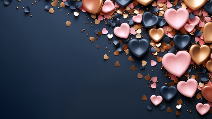 A blue background with a lot of pink and black hearts