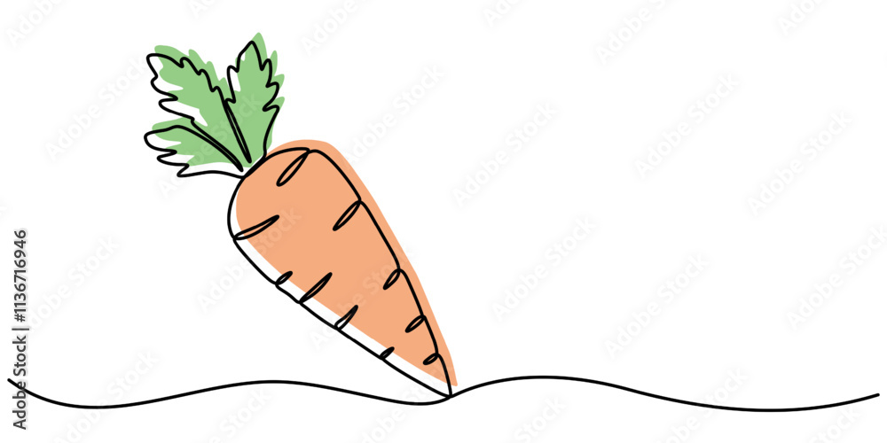 Poster Continuous one line drawing of isolated carrot outline vector art illustration, Simple carrot in continuous one line art drawing design, Growing carrot plant minimalist outline vector, one line draw 
