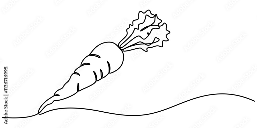 Poster Continuous one line drawing of isolated carrot outline vector art illustration, Simple carrot in continuous one line art drawing design, Growing carrot plant minimalist outline vector, one line draw 
