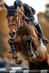 Equestrian athlete jumping over an obstacle in a horse show competition at a scenic venue