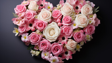A bouquet of pink and white roses arranged in the shape of a heart