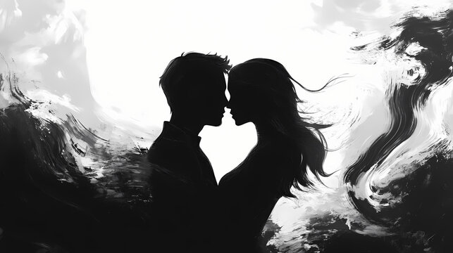 Art painting abstract black and white couple embrace love kiss intimacy romance emotional monochrome figures silhouette passion expression two people. Embrace. Illustration