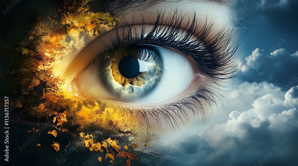 Poster Surreal Eye Landscape with Elements of Nature and Fiery Colors Capturing the Connection Between Human Emotions and the Natural World