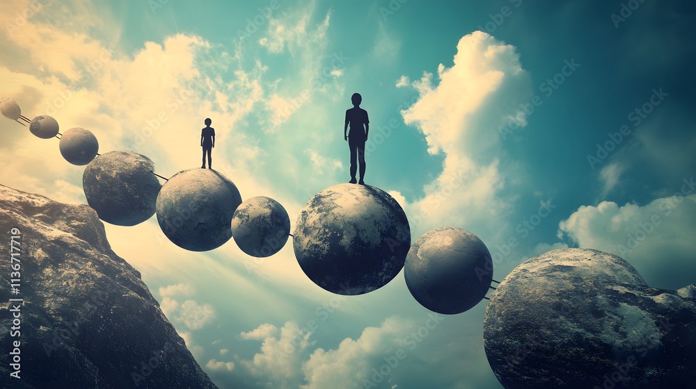 Aufkleber surreal journey through cosmic spheres: two silhouetted figures balancing on floating planets agains