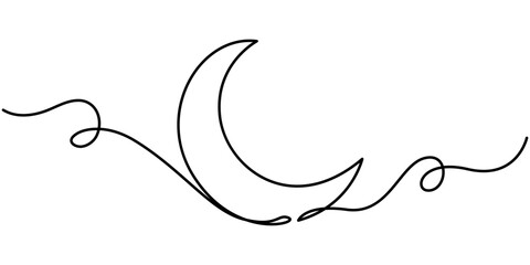 Continuous editable line drawing of moon icon. One line drawn moon. Vector illustration. Moon icon in one line, Moon symbol one continuous single line art drawing of Ramadan Kareem and Eid banner in. 