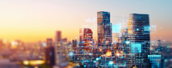 Digital cityscape blending skyscrapers with virtual data elements, illustrating a futuristic concept of urban life intertwined with technology during a sunset.