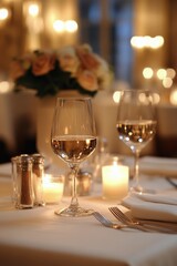 Elegant dinner setting with wine glasses and candlelight at a cozy restaurant