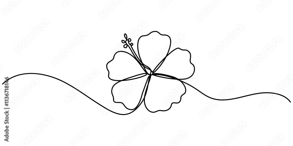 Poster hibiscus flower in one line art drawing style. black line sketch on white background. vector illustr
