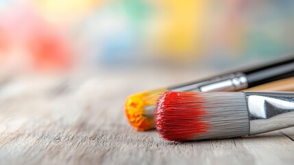 Fototapeta premium A close up of two paintbrushes on a wooden table