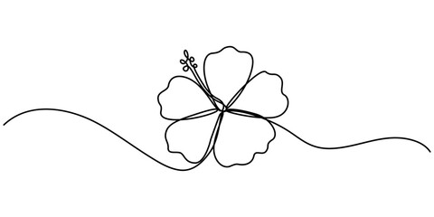 Hibiscus flower in one line art drawing style. Black line sketch on white background. Vector illustration, Hibiscus flower in one continuous line drawing. Floral abstract symbol in simple linear style