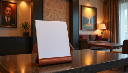 Blank white menu display on a leather stand in an elegant living room with artwork and copy space