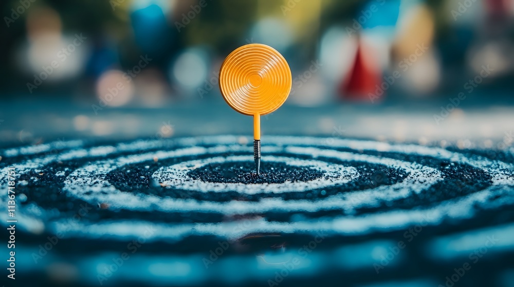 Poster Bright Yellow Spiral Marker on Smooth Asphalt Surface with Circular White Patterns and Blurred Background Creating an Artistic Urban Scene in Daylight