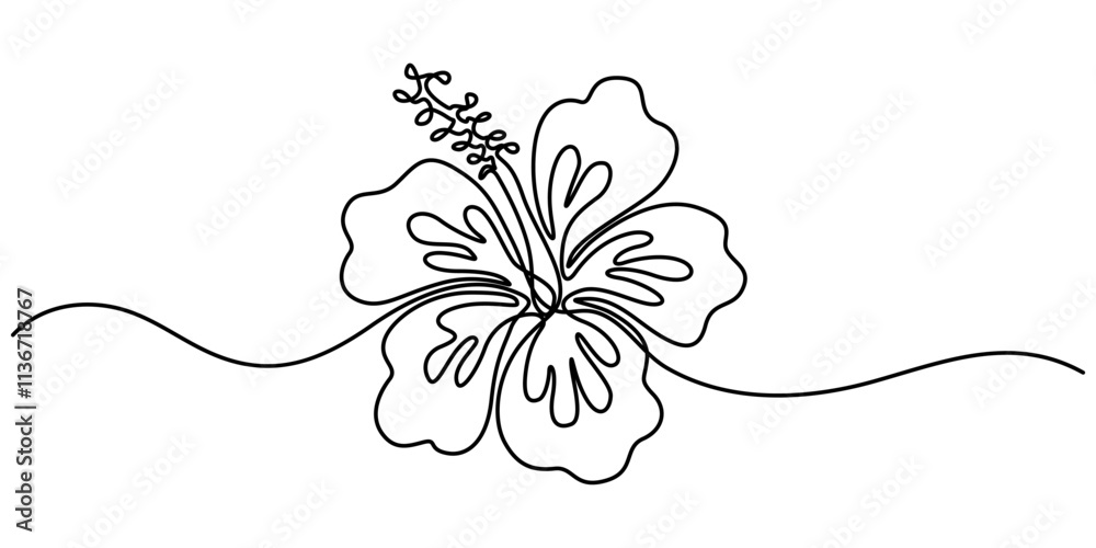 Poster hibiscus flower in one line art drawing style. black line sketch on white background. vector illustr
