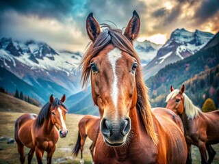 Obraz premium Vintage Style Portrait Close-Up of Majestic Horses with Striking Eyes in a Wild Mountain Landscape, Captured in High-Quality 4K Slow Motion with Beautiful Bokeh Effect
