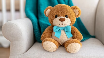 A  bear sitting on a chair with a blue bow tie