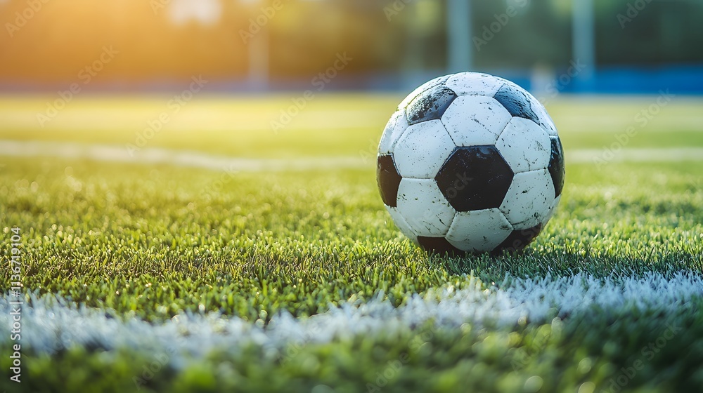 Aufkleber close-up view of a traditional black and white patterned soccer ball on lush green field during beau