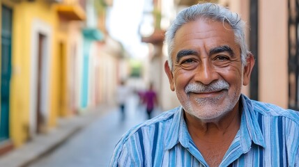Fototapeta premium Happy senior hispanic man smiling in colorful colonial city