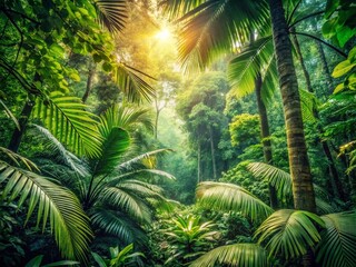 Vintage Style Tropical Forest Photography Capturing Sunlight Filtering Through Lush Green Canopy, Evoking Serenity and Natural Beauty in a Warm Atmosphere