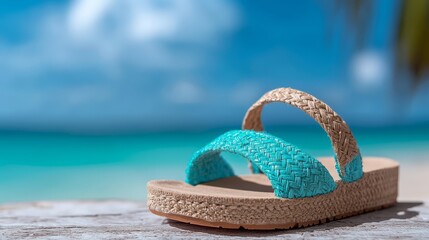 A pair of blue flip flops sitting on top of a wooden table